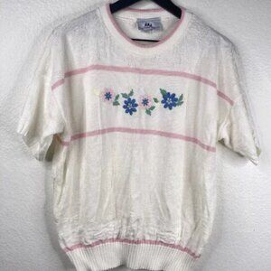 Bay Point Threads Sweater Women's White Sz XL Floral Embroidered Cottage Grandma